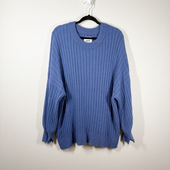 Aerie Buttercream Crew Sweater Size XL Blue Rubbed Fuzzy Pullover Oversized Cozy - Picture 1 of 10